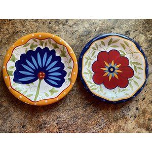 Floral Salad Plates  Lot Of 2 Pier 1 Hand Painted Earthenware Colorful